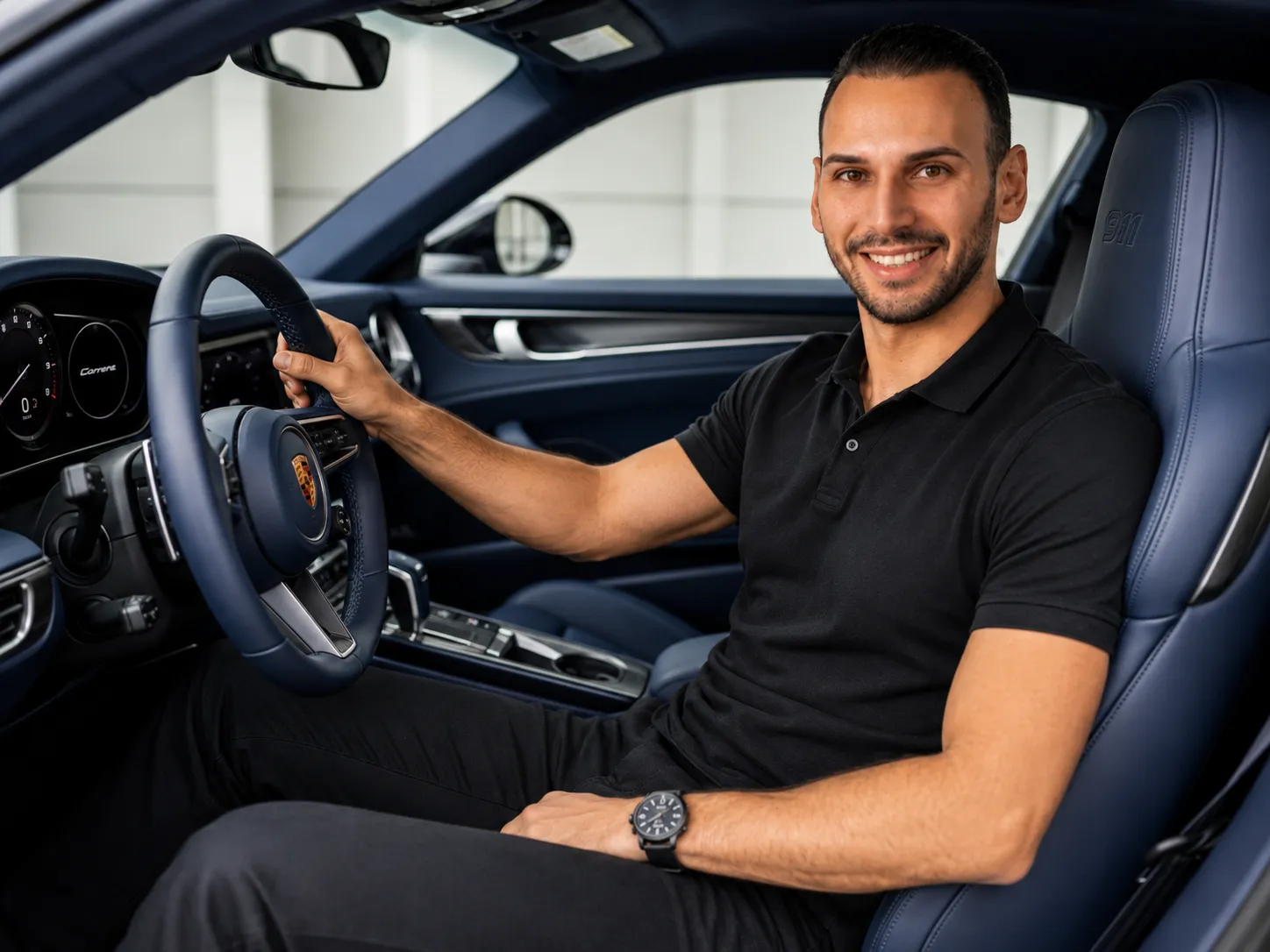 Ihr Ansprechpartner Tunc Piri am Steuer eines Porsche