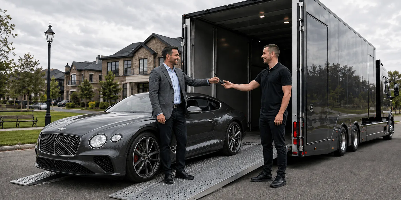Fahrzeugübergabe: Sportwagen wird in den geschlossenen Transporter verladen
