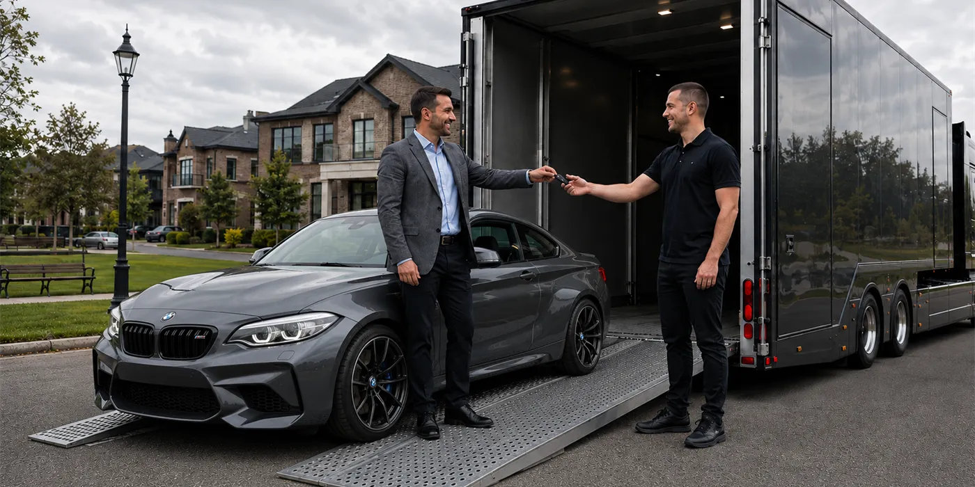 Fahrzeugübergabe: Sportwagen wird in den geschlossenen Transporter verladen