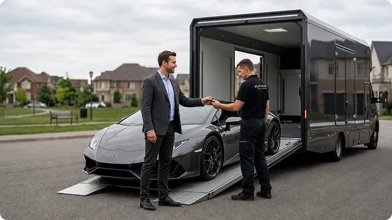Fahrzeugübergabe: Sportwagen wird in den geschlossenen Transporter verladen