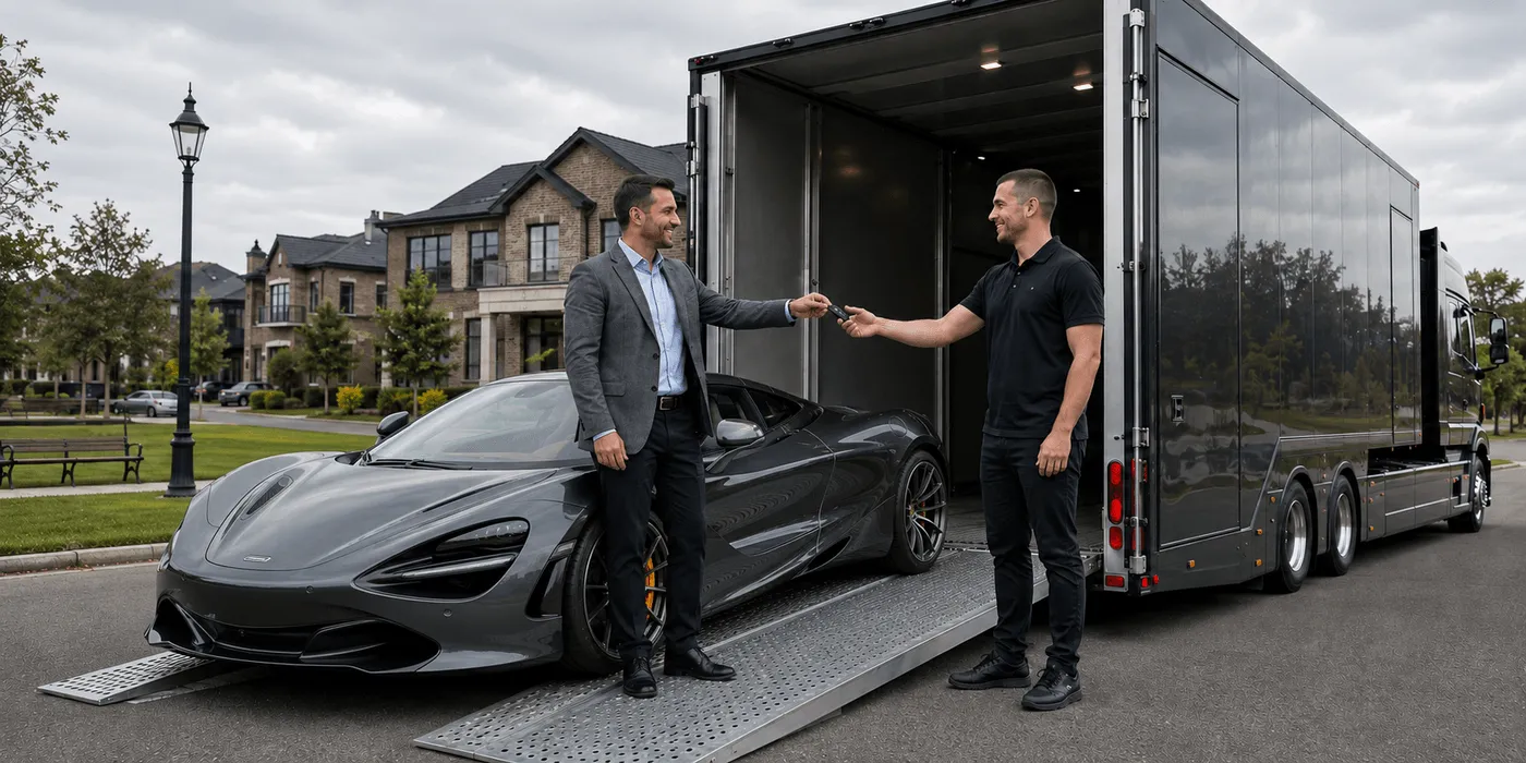 Vehicle handover: sports car being loaded into the enclosed transporter