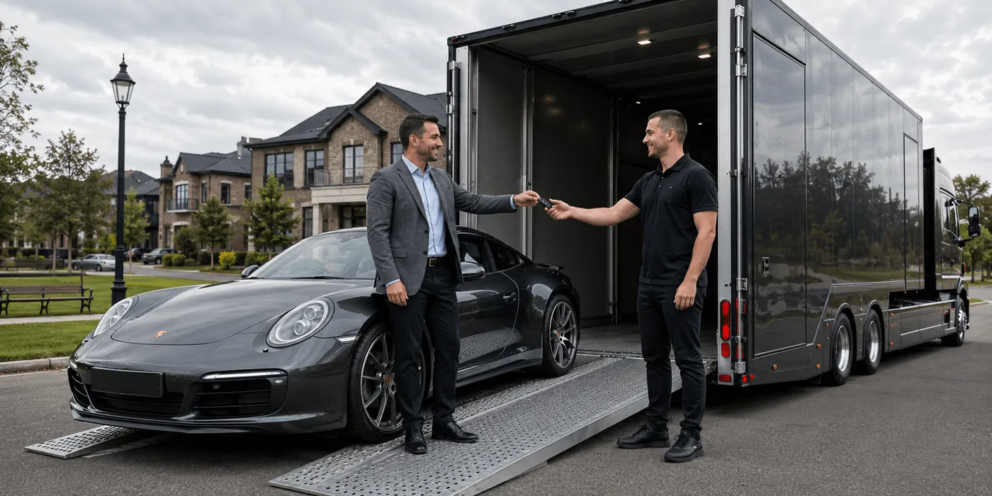 Fahrzeugübergabe: Sportwagen wird in den geschlossenen Transporter verladen