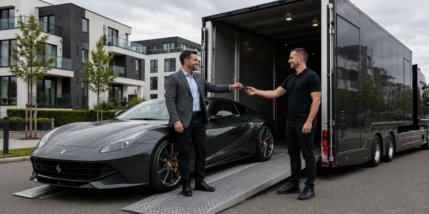 Fahrzeugübergabe: Sportwagen wird in den geschlossenen Transporter verladen